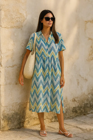 OMERALA SHACKET PURE NATURAL LINEN OCEANIC ZIGZAG DRESS P C Crafts