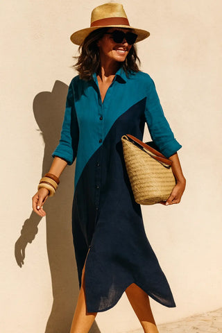 SHENNA SHIRT PURE NATURAL LINEN COLOR BLOCK LONG DRESS P C Crafts