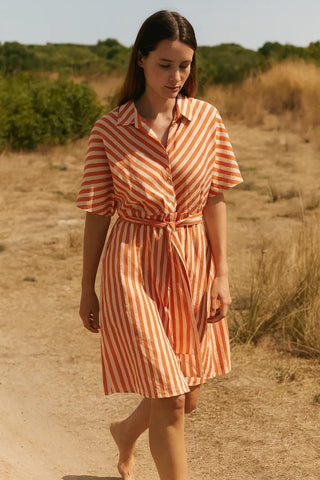 OMERALA SHACKET PURE NATURAL LINEN STRIPED SUNSET DRESS P C Crafts