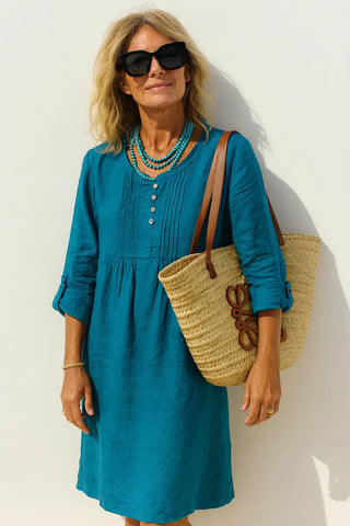 ISLA PURE NATURAL LINEN SOLID COLOR PLEATED DRESS VENICE BLUE P C Crafts