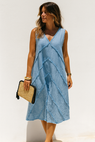 Sky Blue Linen Dress for Women | CHEVRON Premium Linen Summer Dress India