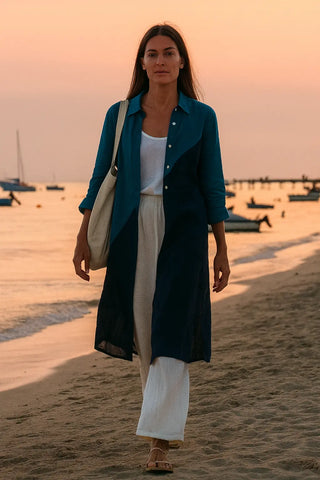 SHENNA SHIRT PURE NATURAL LINEN COLOR BLOCK LONG DRESS P C Crafts