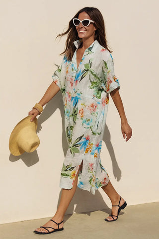 OMERALA SHACKET PURE NATURAL LINEN FLORAVINE DRESS P C Crafts