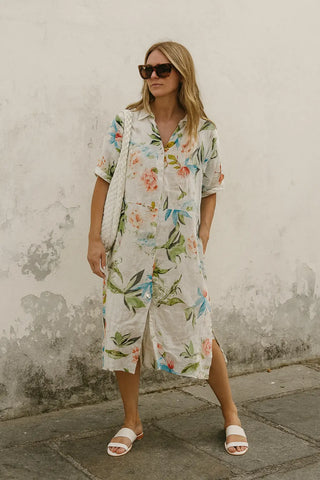 OMERALA SHACKET PURE NATURAL LINEN FLORAVINE DRESS P C Crafts