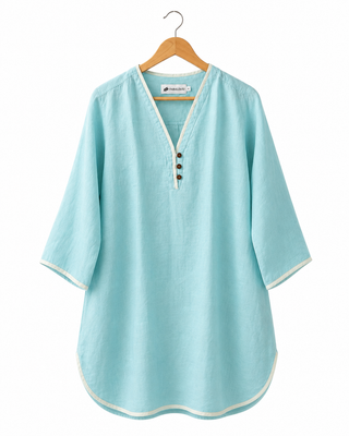 ANGELA Blue Lagoon Linen Dress with Lime Trims | Premium Washed & Pre-Shrunk Pure Linen Dress | FABULOUS! Linen