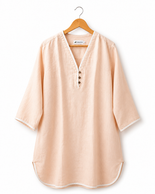 ANGELA Peach Oyster Linen Dress with Natural White Trims | Premium Washed & Pre-Shrunk Pure Linen Dress | FABULOUS! Linen