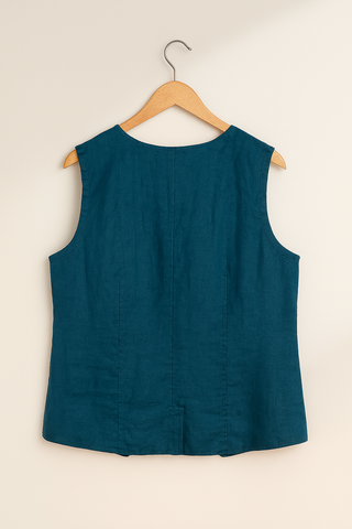 BELLA Teal Blue Pure Natural Linen Vest with Covered Placket | FABULOUS! Linen