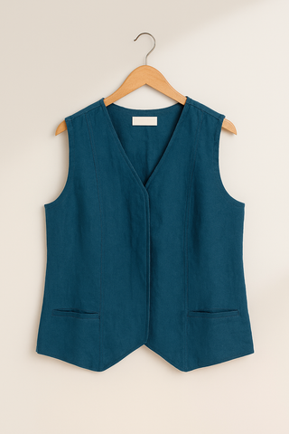 BELLA Teal Blue Pure Natural Linen Vest with Covered Placket | FABULOUS! Linen