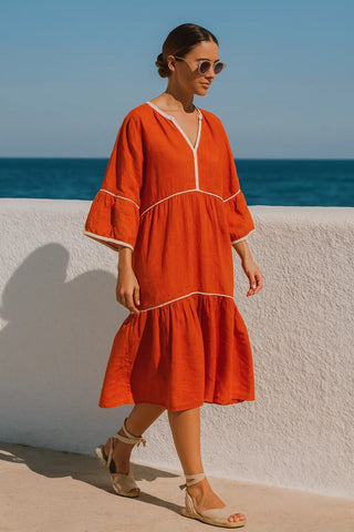 OLIVA PURE NATURAL LINEN SOLID COLOR LONG TIER DRESS P C Crafts