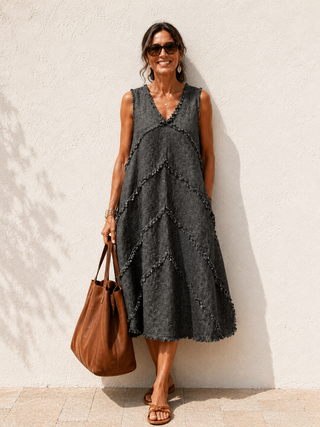 CHEVRON Graphite Premium Washed Linen Dress | Luxury Natural Linen Midi Dress for Women | FABULOUS! Linen