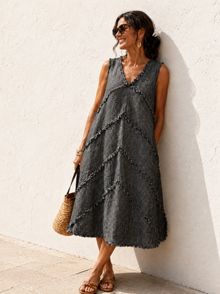 CHEVRON Graphite Premium Washed Linen Dress | Luxury Natural Linen Midi Dress for Women | FABULOUS! Linen