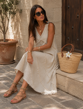 CHEVRON Premium Linen Dress – Sand Beige | Luxury Washed Linen Dress