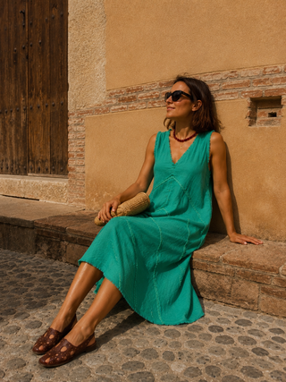 CHEVRON Premium Linen Dress – Mediterranean Green | Luxury Washed Linen Dress India