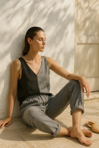 SARALA Pure Natural Linen Color Block V NECK TANK TOP P C Crafts