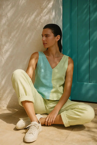 SARALA Pure Natural Linen COLOR BLOCK CO-ORD SET P C Crafts