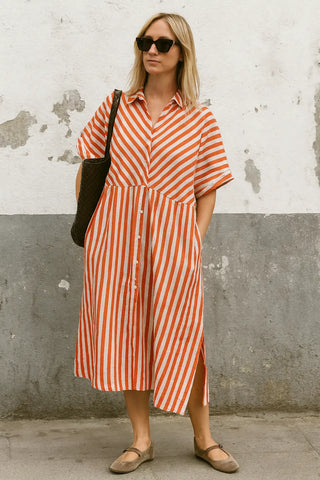 OMERALA SHACKET PURE NATURAL LINEN STRIPED SUNSET DRESS P C Crafts