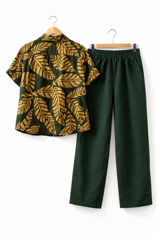 Women’s Tropical Leaf Print Linen Shirt with Solid Green Relaxed Fit Pants – Luxury Resort Co-Ord Set