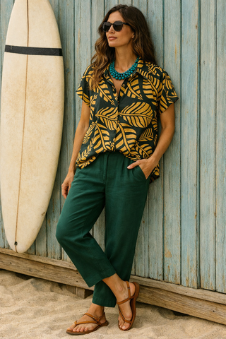 Women’s Tropical Leaf Print Linen Shirt with Solid Green Relaxed Fit Pants – Luxury Resort Co-Ord Set