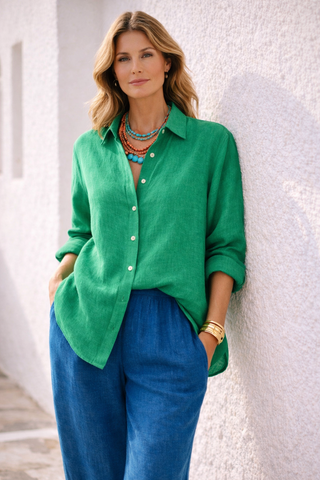 NARLA Mediterranean Green Pure Natural Linen Shirt – Timeless Luxury Essential