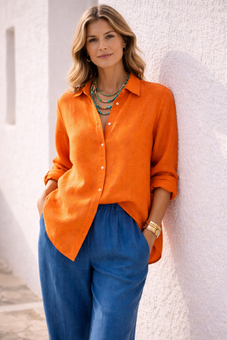 NARLA Sunset Orange Pure Natural Linen Shirt — Refined Comfort, Elevated Style