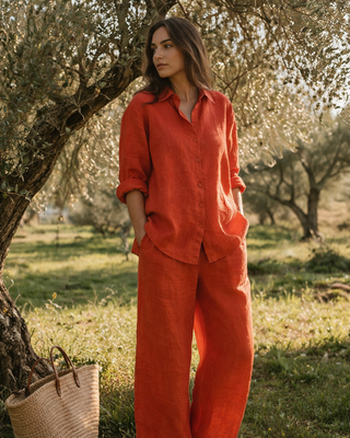 NARLA Premium Linen Co-Ord Set — Sunlit Orange with a Touch of Mediterranean Luxury
