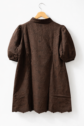 Dark Chocolate Embroidered Linen Blend Short Dress