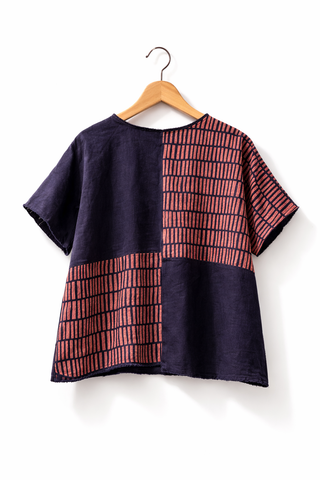 Deep Plum Linen Co-Ord Set for Women – Abstract Patchwork Top & Relaxed Fit Pants