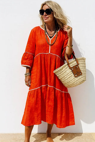 OLIVA PURE NATURAL LINEN SOLID COLOR LONG TIER DRESS P C Crafts