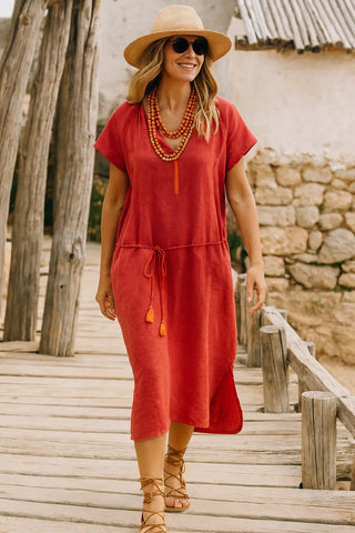 BAIA PURE NATURAL LINEN SOLID COLOR RAGLEEN SLEEVE DRESS WATERMELON P C Crafts