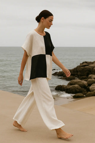 VESALA PURE NATURAL LINEN COLOR BLOCK OVERSIZED TUNIC P C Crafts