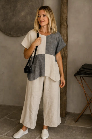 VESALA PURE NATURAL LINEN COLOR BLOCK OVERSIZED TUNIC P C Crafts