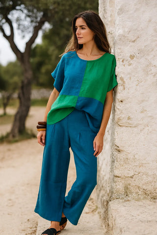 VESALA Pure Natural Linen CHECKERED COLOR BLOCK CO-ORD SET P C Crafts