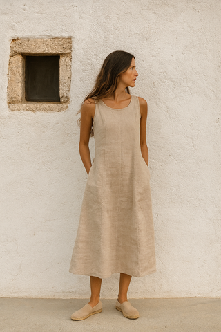 Premium Linen Dress for Women – Natural Sand | SOLACE Summer Linen Dress India