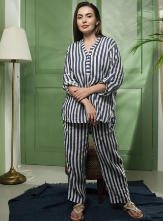 ELLA PURE NATURAL LINEN BLUE BLISS STRIPE PRINTED CO-ORD SET P C Crafts