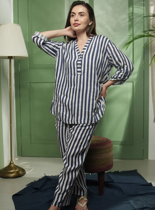 ELLA PURE NATURAL LINEN BLUE BLISS STRIPE PRINTED CO-ORD SET P C Crafts