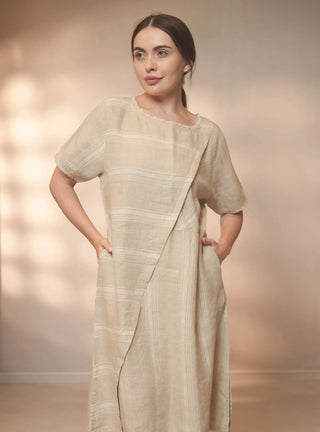 SORRENTO PURE NATURAL LINEN SHADOW STRIPE SAND DRESS P C Crafts