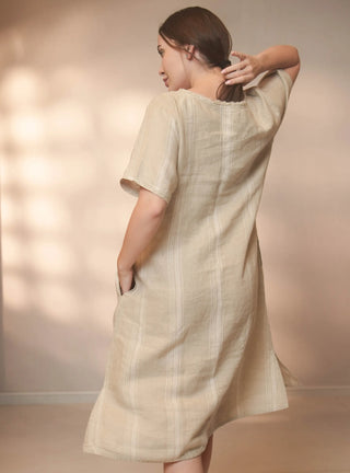 SORRENTO PURE NATURAL LINEN SHADOW STRIPE SAND DRESS P C Crafts