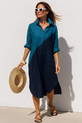 SHENNA SHIRT PURE NATURAL LINEN COLOR BLOCK LONG DRESS P C Crafts