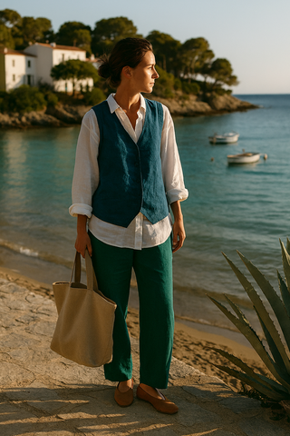 BELLA Teal Blue Pure Natural Linen Vest with Covered Placket | FABULOUS! Linen