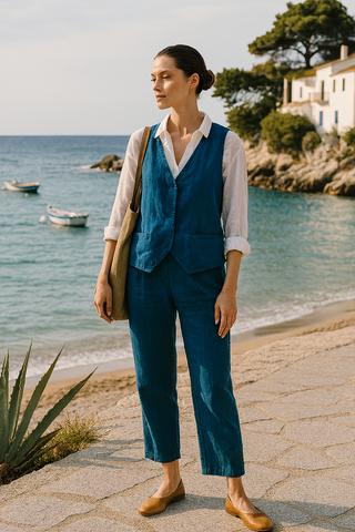 BELLA Teal Blue Pure Natural Linen Vest with Covered Placket | FABULOUS! Linen