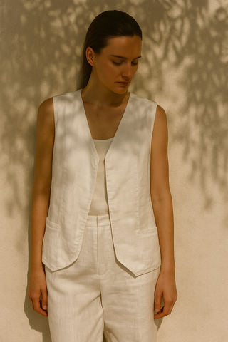 BELLA White Pure Natural Linen Vest with Covered Placket | FABULOUS! Linen