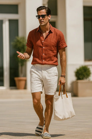 LEONARDO: Effortless Summer Pure Natural Linen Short Sleeve Shirt P C Crafts