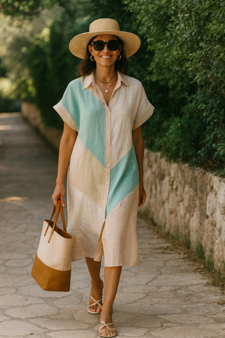 KOYA PURE NATURAL LINEN COLOR BLOCK MID LENGTH SHIRT DRESS P C Crafts