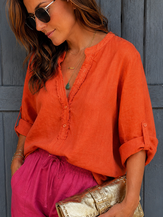LUCIA Sunlit Orange Linen Shirt for Women with Frayed Details | FABULOUS! Linen