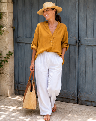 LUCIA Mustard Frayed Linen Shirt for Women | FABULOUS! Linen