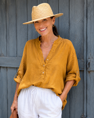 LUCIA Mustard Frayed Linen Shirt for Women | FABULOUS! Linen
