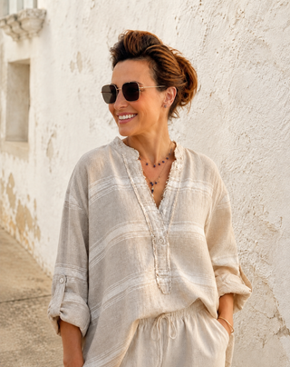 Sand Natural Stripe Premium Linen Shirt for Women | Breathable Summer Linen Top - Lucia