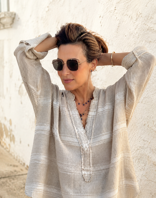 Sand Natural Stripe Premium Linen Shirt for Women | Breathable Summer Linen Top - Lucia