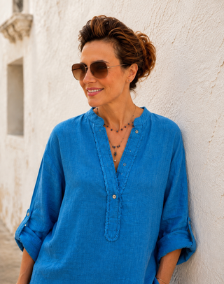 LUCIA Azure Blue Frayed Detail Linen Shirt for Women | FABULOUS! Linen
