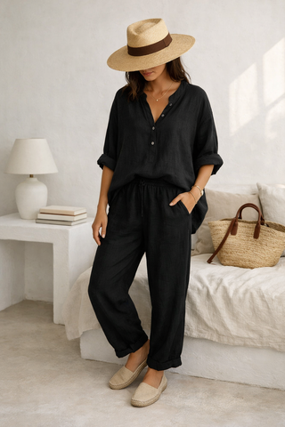 Black Lucia Shirt Premium Natural Linen Co-ord Set